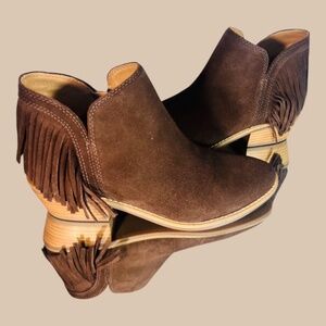 Lucky Brand Womens Freedah Brown Suede Fringe Booties Ankle Boots Shoes 7.5